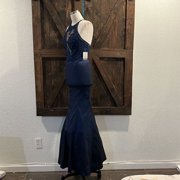 NWT Davids Bridal XSCAPE Bridesmaid Dress Navy Mermaid sheer Formal Dress Prom - Picture 4 of 14